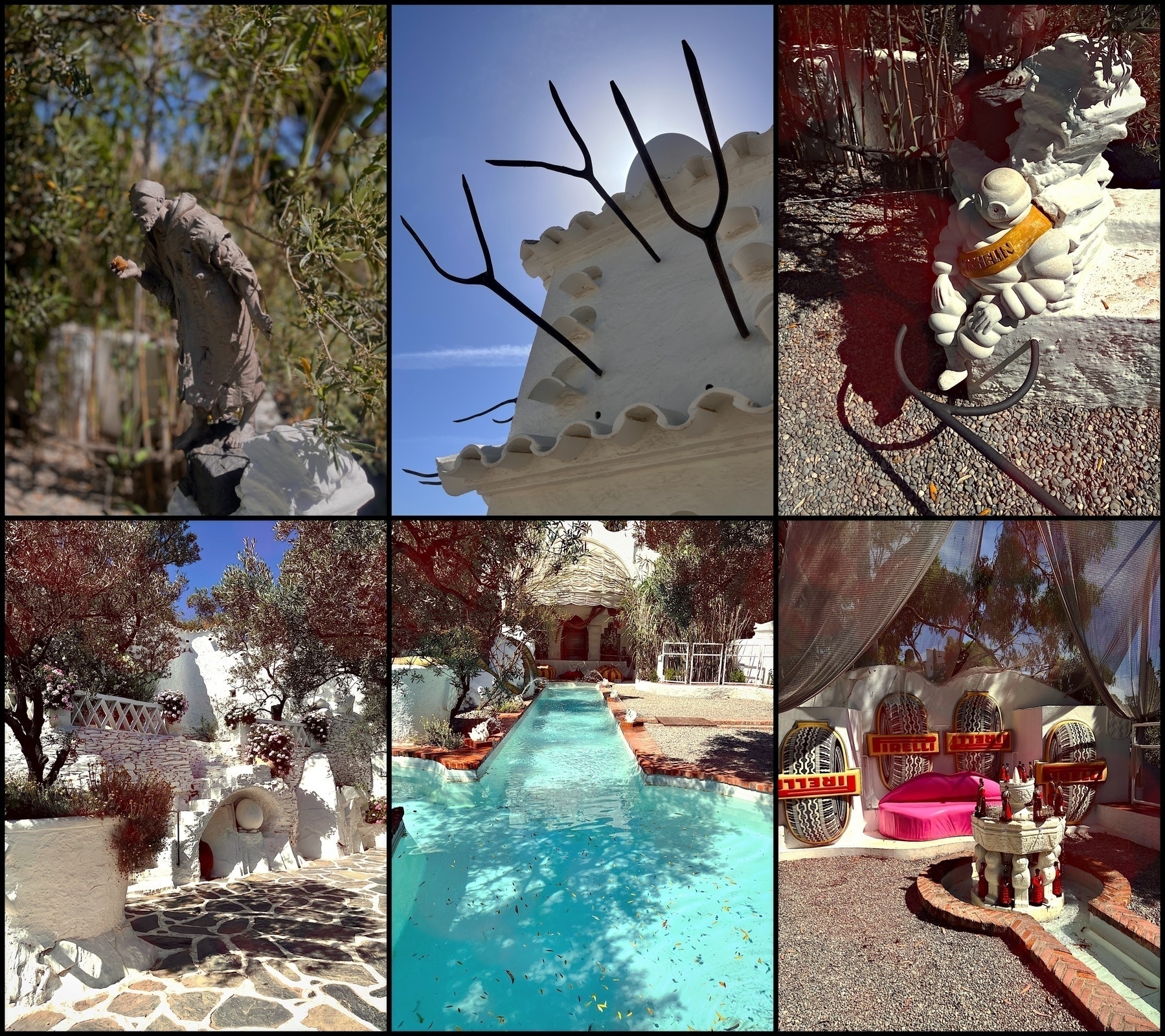 A collage of six outside shots of the outdoor space of Salvador Dali’s house, including a statute of a monk, a swimming pool, a Michelin Man, a pink lips couch, a white building with pitch forks coming out of it, a paved area with trees and steps up to another area.