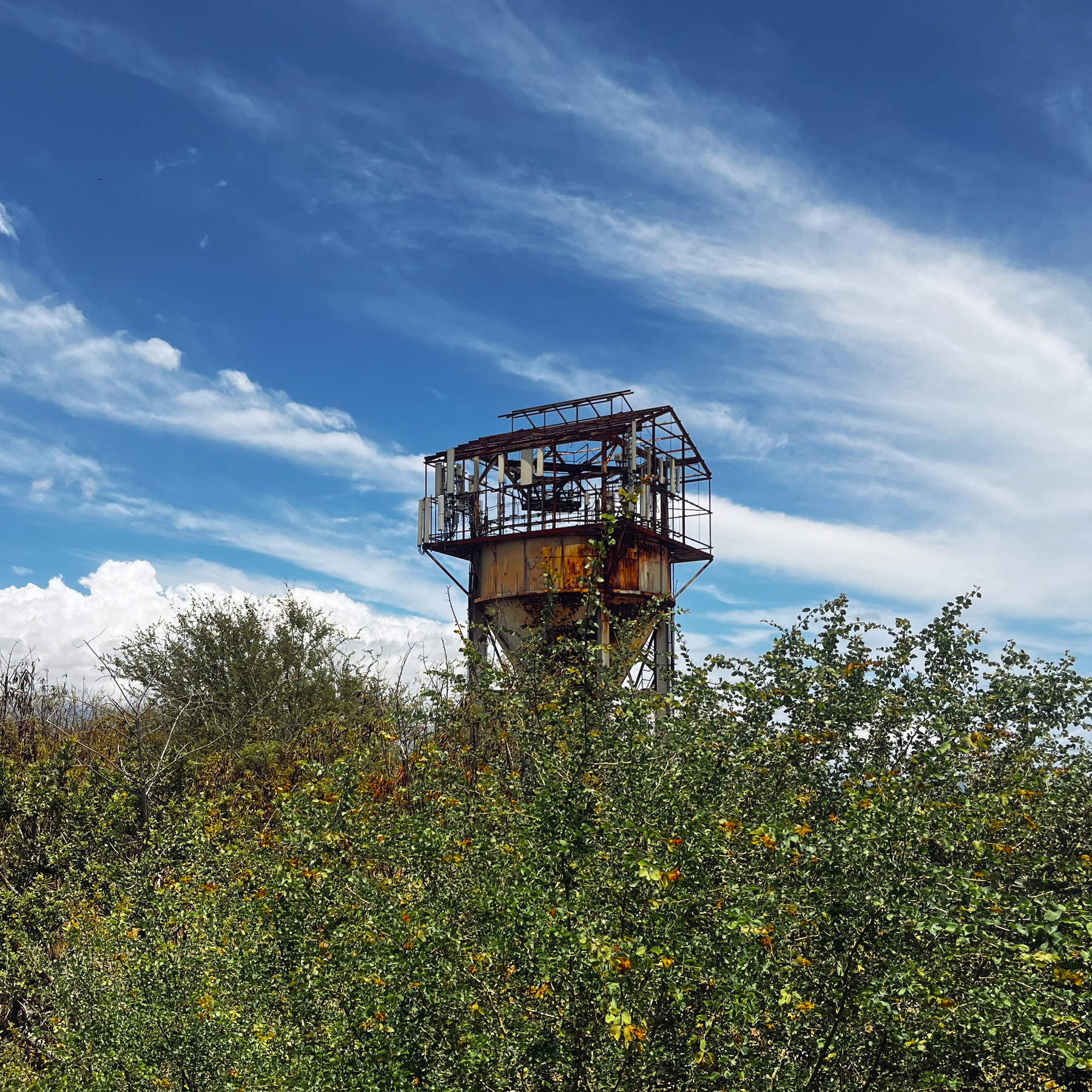 An aged, rusty watchtower stands among dense vegetation under a partly cloudy sky.