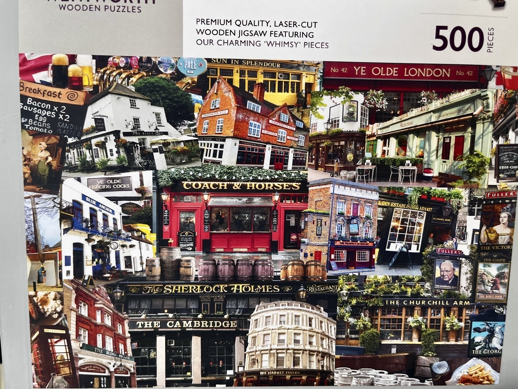 A collage of various traditional British pub exteriors is depicted, showcasing intricate architectural details and classic signage.