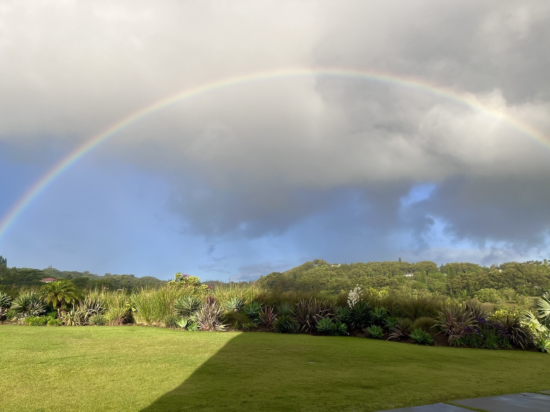 A rainbow arcs over a grassy field and a line of shrubbery, set against a partly cloudy sky.