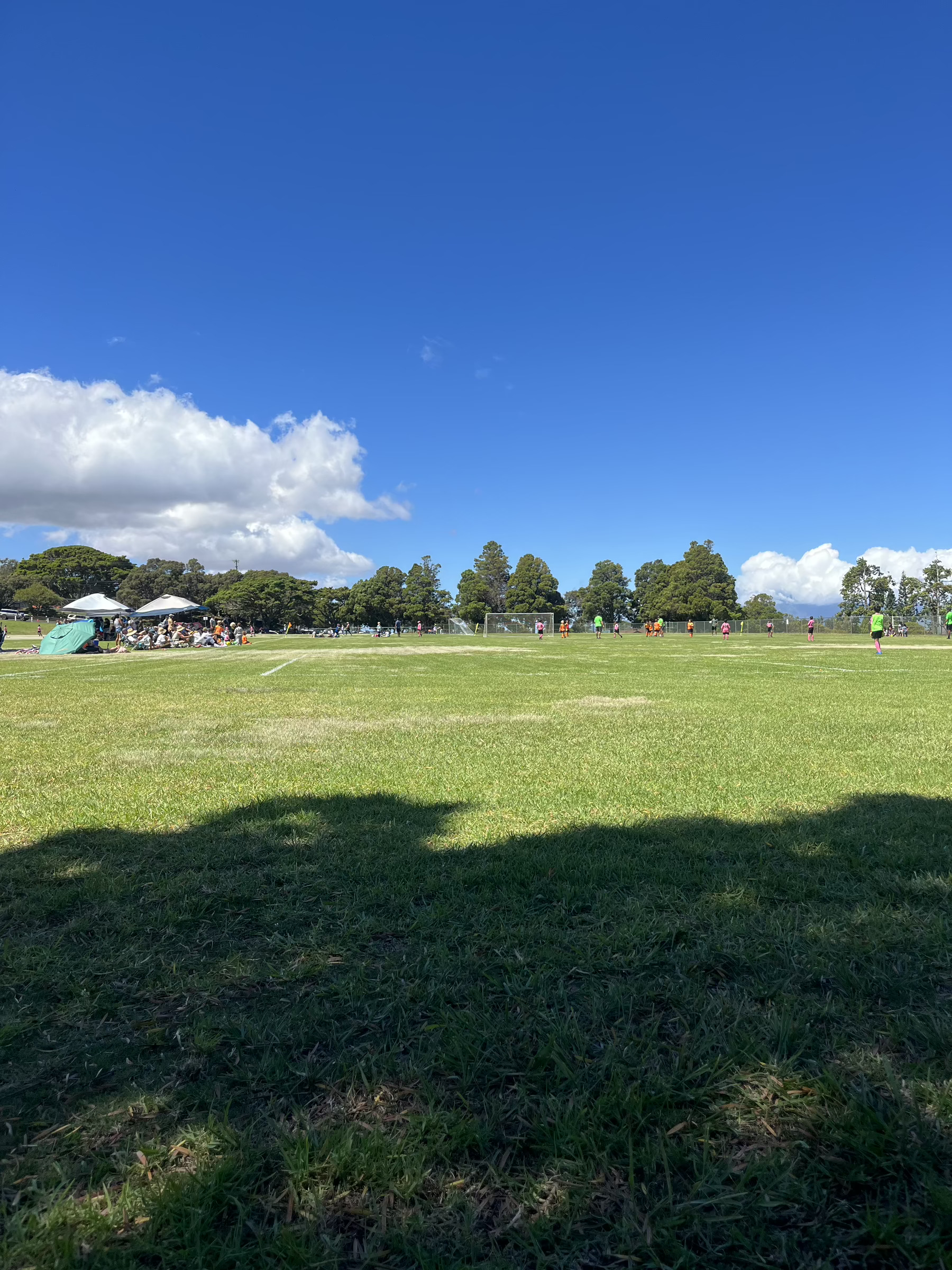 A soccer game is taking place on an open soccer field with trees in the distance. On the left touchline are a crowd of spectators. The sky is blue, it is sunny, some cloud above the trees.