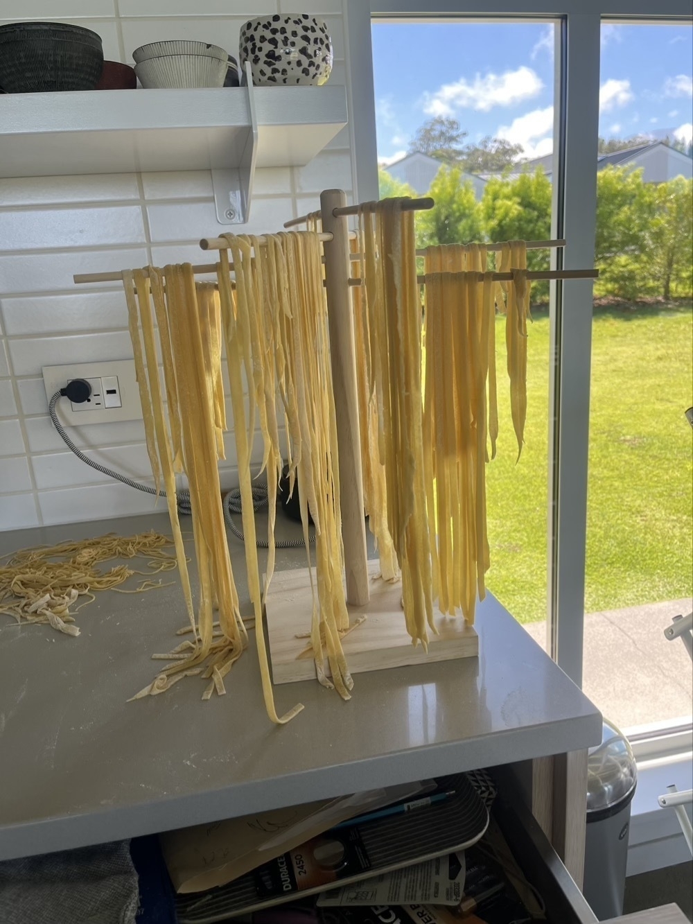 Homemade egg pasta drying.