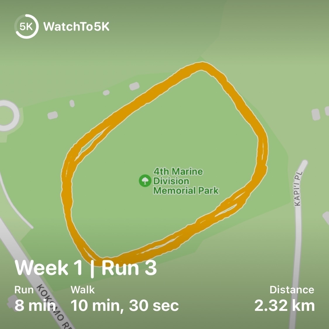 Map of my third run on the Couch to 5K challenge, along with details of my run, distance and times