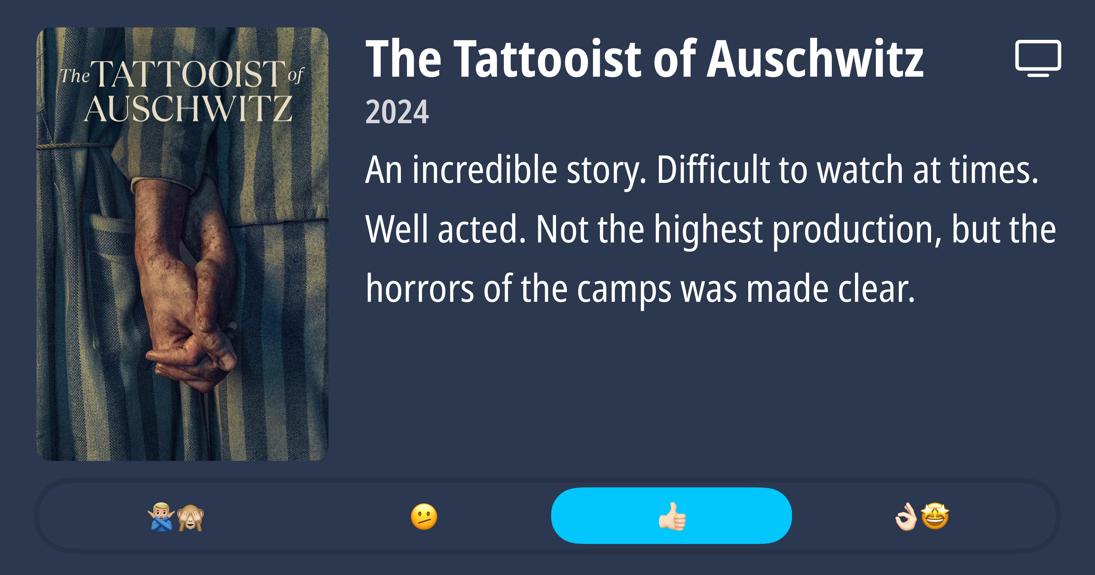 A review of the Tattooist of Auschwitz. Liking and recommending the series, how it shows the horrors of the holocaust.