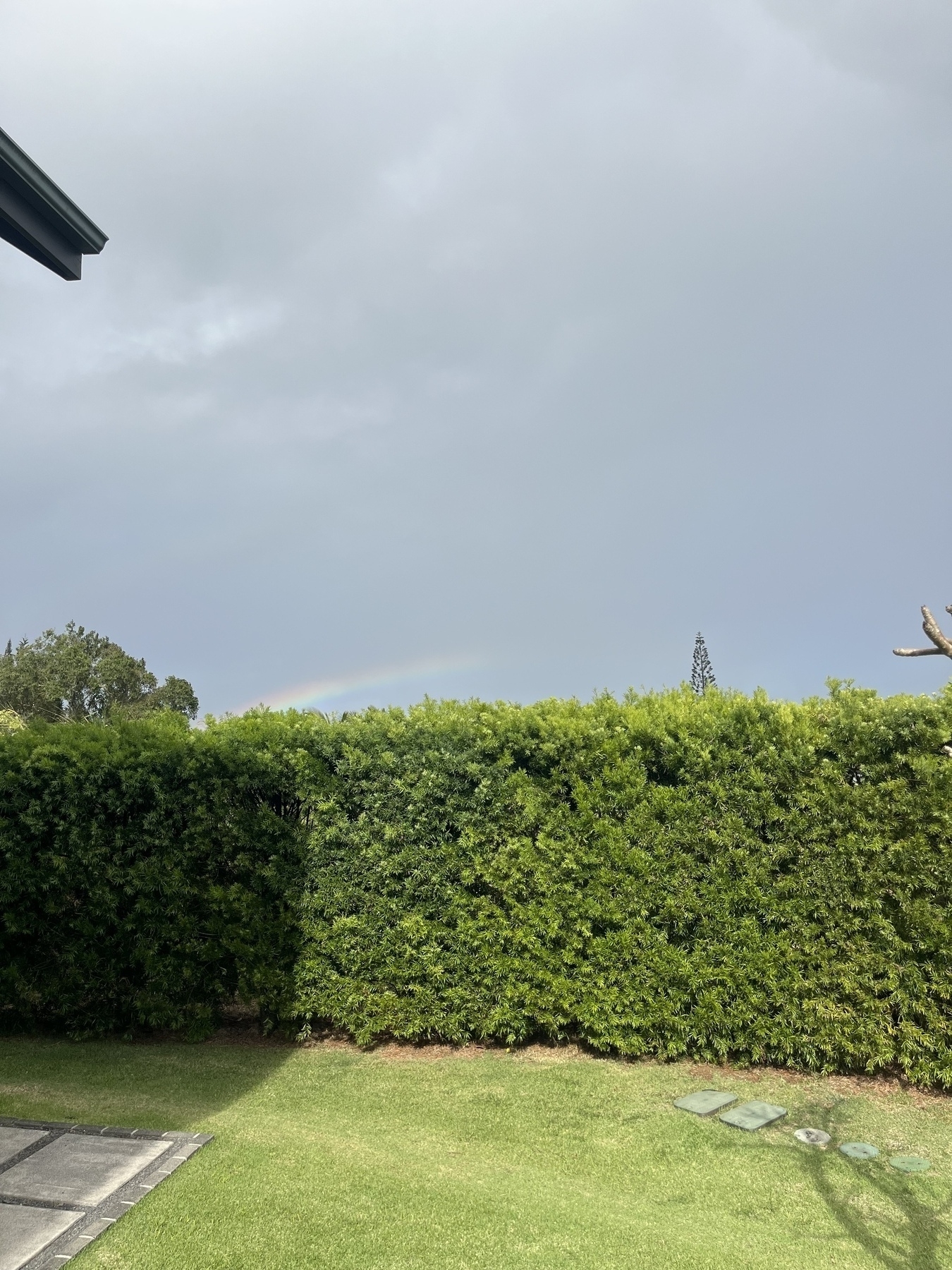 A neatly trimmed hedge lines a green lawn under a cloudy sky with a faint rainbow visible from behind the hedge. A roof edge is visible in the top left corner.