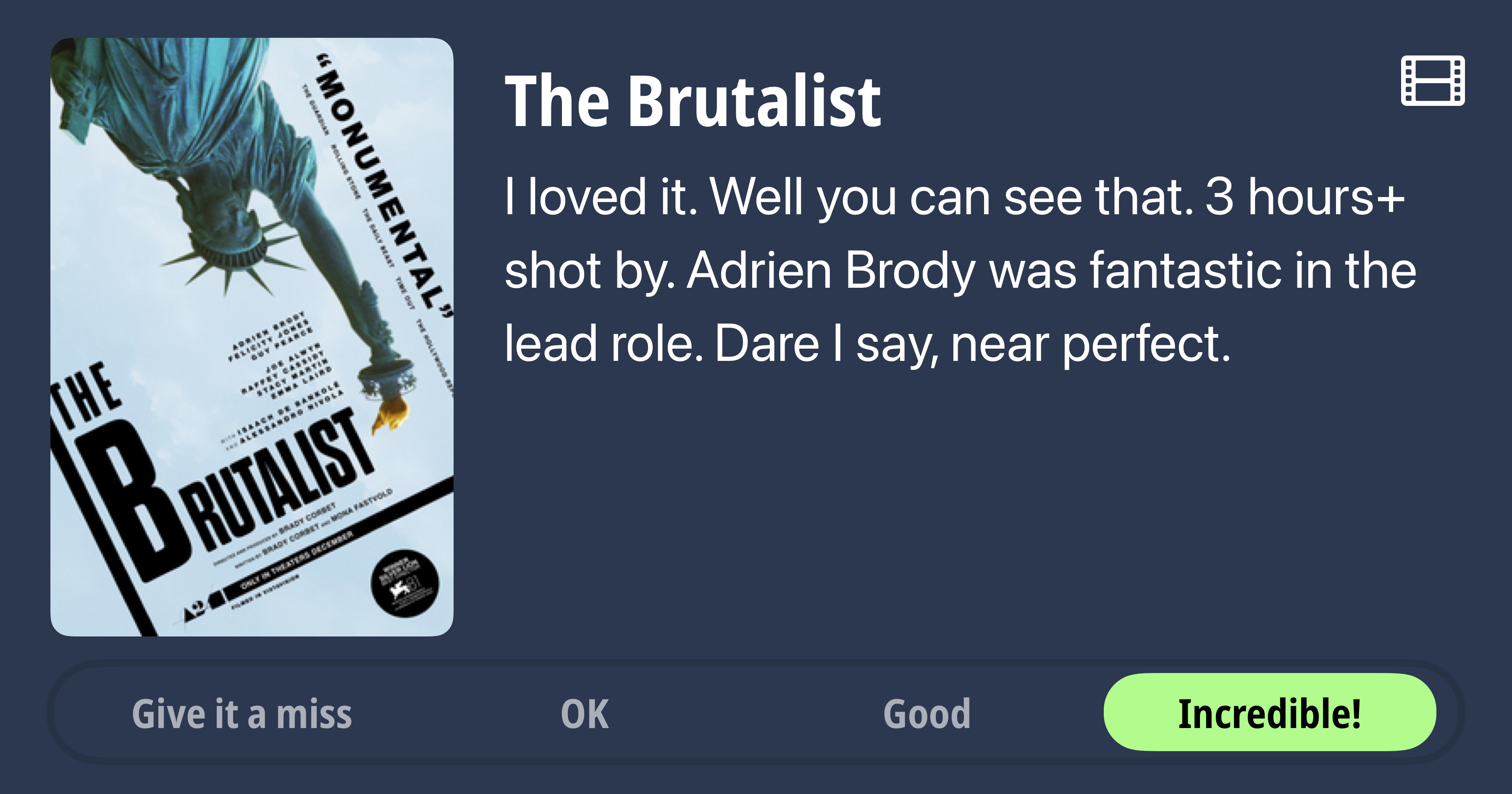 A review of the movie The Brutalist, praising Adrien Brody’s performance and calling the movie Incredible!