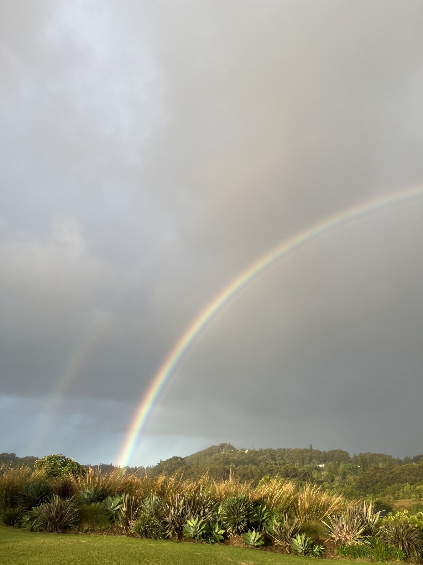 A vibrant double rainbow arcs over a lush green landscape with cloudy skies.