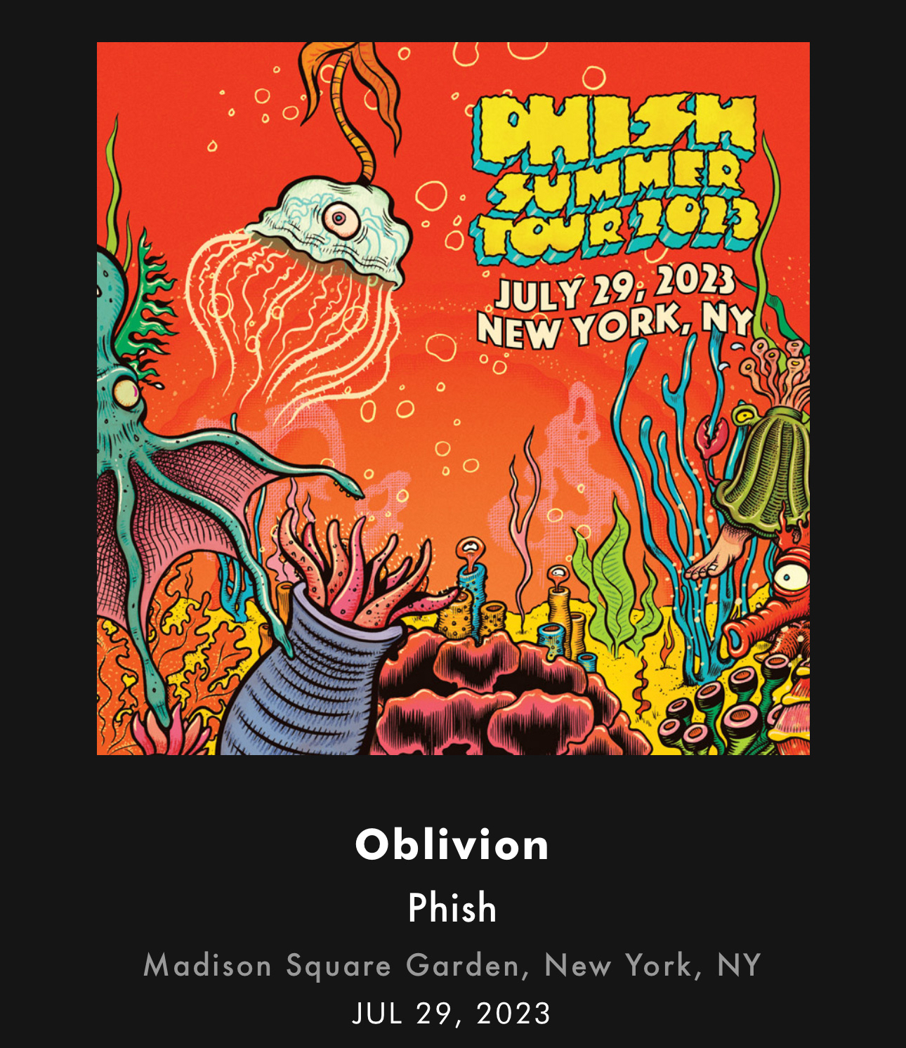 Screen shot of LivePhish showing song info from post