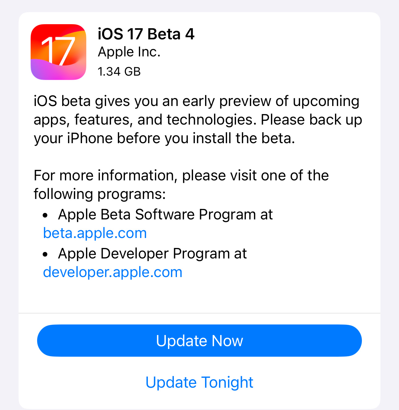 Screenshot of iOS 17 beta 4 update