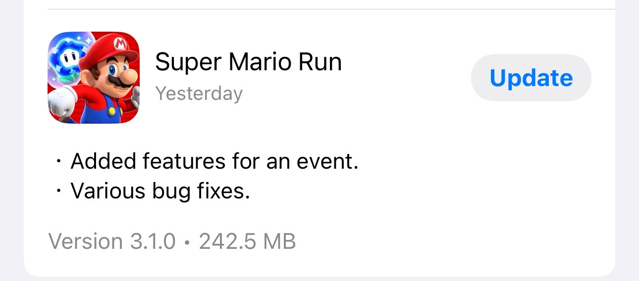 The image shows an update notification for the mobile game “Super Mario Run.” It includes the game’s icon featuring the character Mario with a white ghost-like figure in the background, the title of the game, the word “Yesterday,” indicating when the update