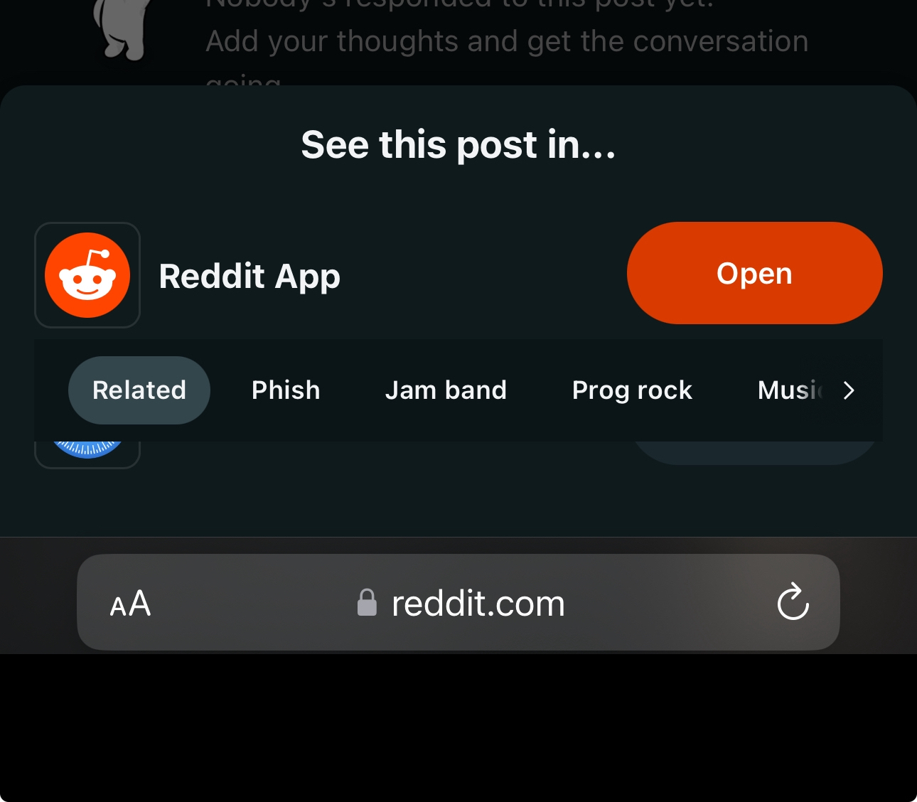 Screenshot of Safari on Reddit.com. Unable to view the page only given a option to open Reddit app