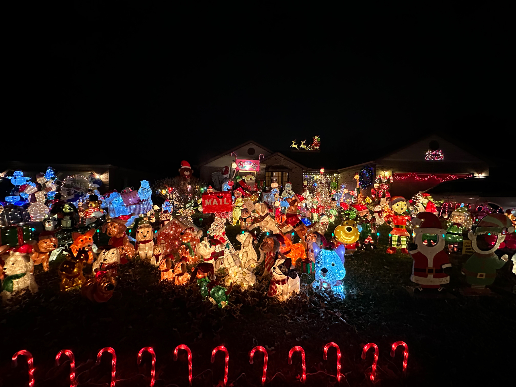 A house decorated with an extensive collection of illuminated and colorful Christmas yard decorations including inflatable figures, light-up animals and candy canes, and a rooftop display of Santa in his sleigh.