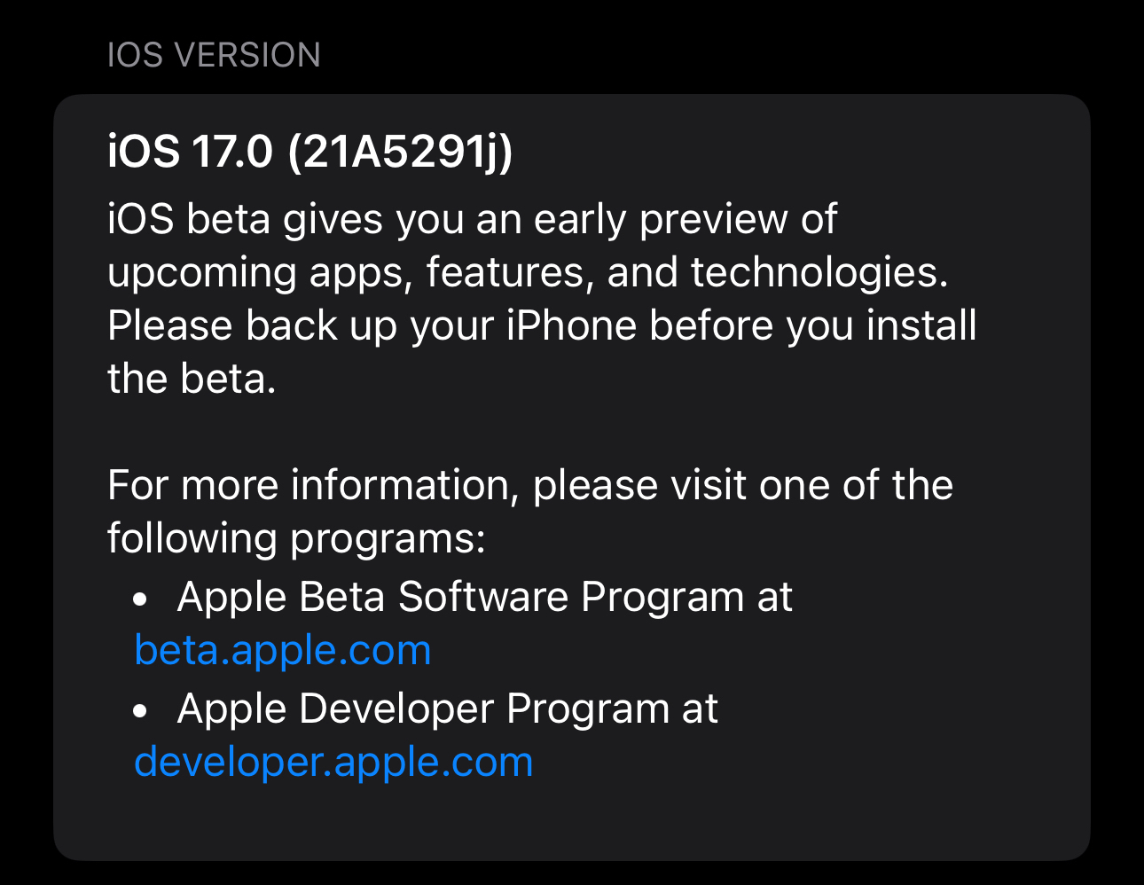 iOS 17 beta 4 install screen build 21A5291j