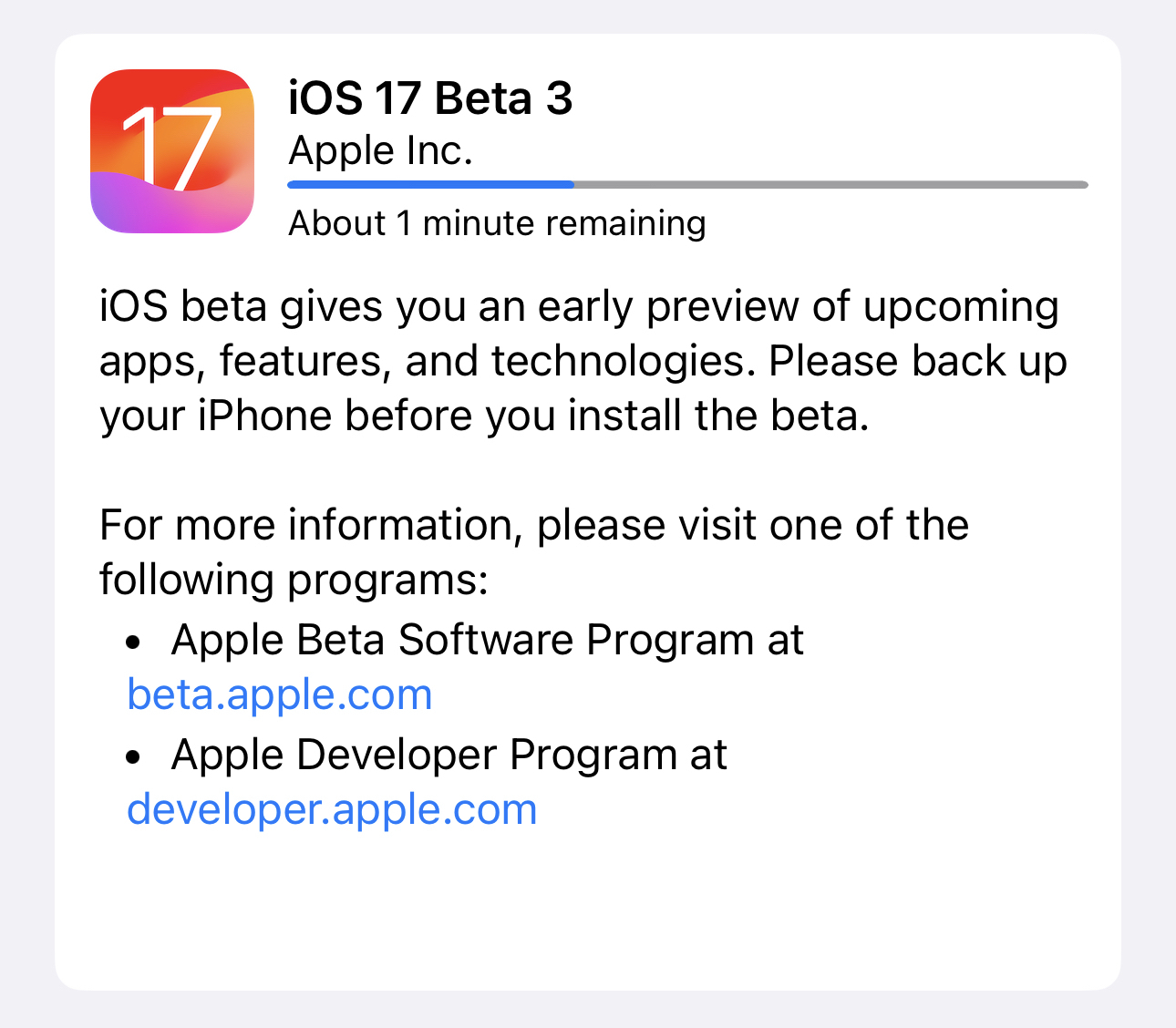 Screen shot of iOS 17 beta 3 installing 