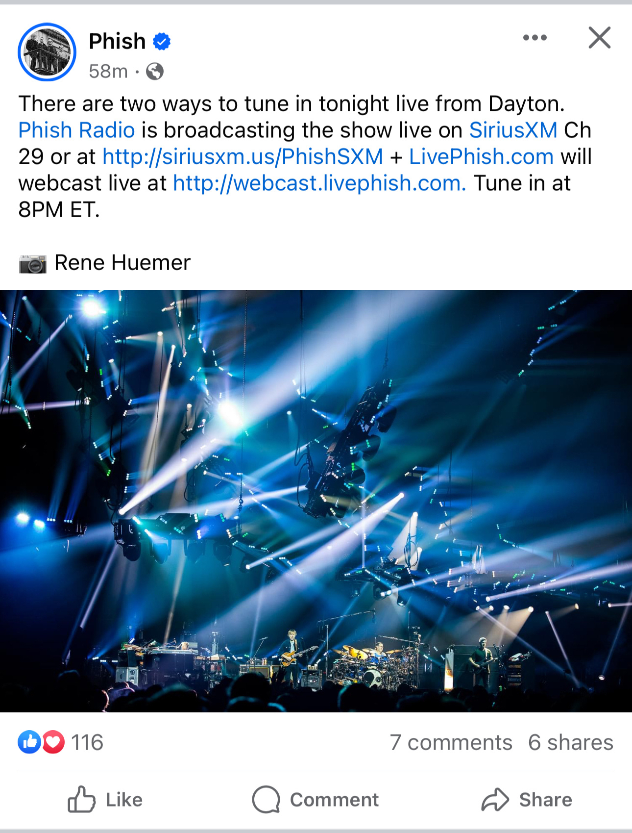 There are two ways to tune in tonight live from Dayton.&10;Phish Radio is broadcasting the show live on SiriusXM Ch 29 or at http://siriusxm.us/PhishSXM + LivePhish.com will&10;webcast live at http://webcast.livephish.com.Tune in at&10;8PM ET.