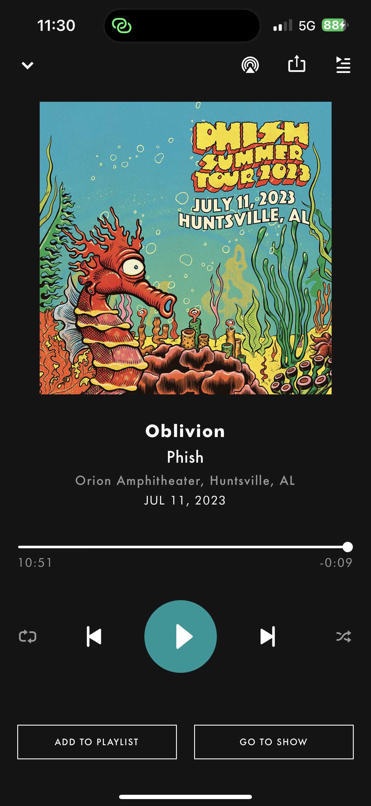Screenshot from Phish 7/11/23 Huntsville, AL song: Oblivion 