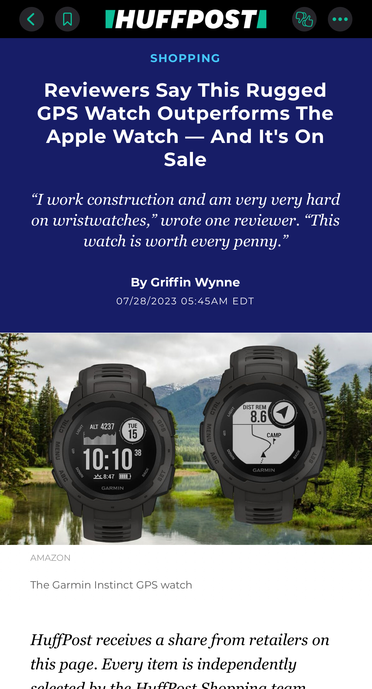 Screenshot of Apple News headline reads “Reviewers Say This Rugged GPS Watch Outperforms The Apple Watch - And It’s OnSale”  