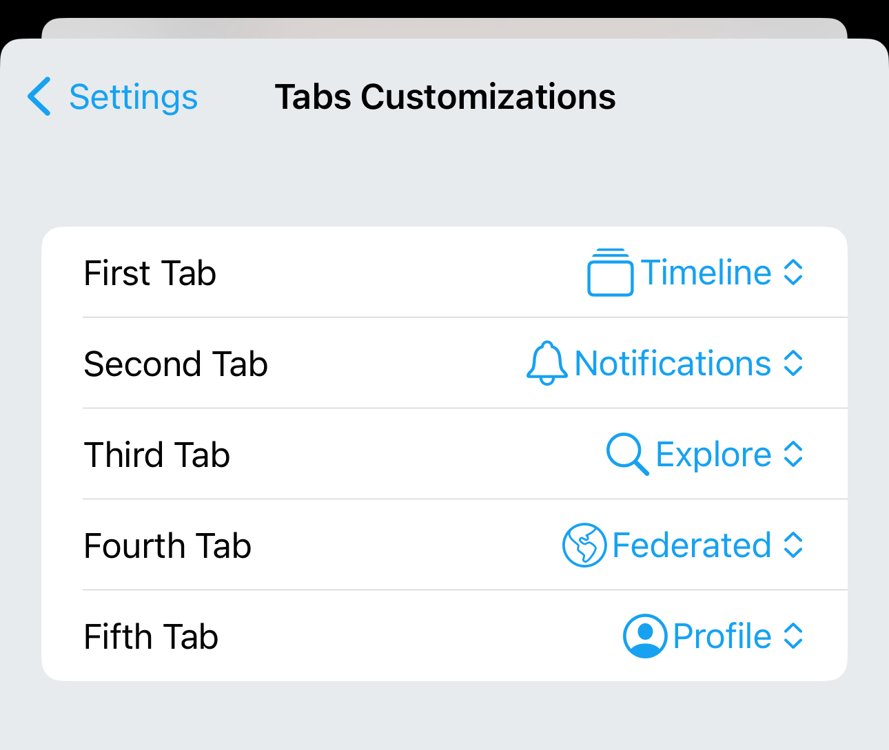 Screen capture of a “Tabs Customizations” menu within a settings interface displaying options to assign different functions to five tabs: First Tab (Timeline), Second Tab (Notifications), Third Tab (Explore), Fourth Tab (Federated), Fifth Tab (Profile