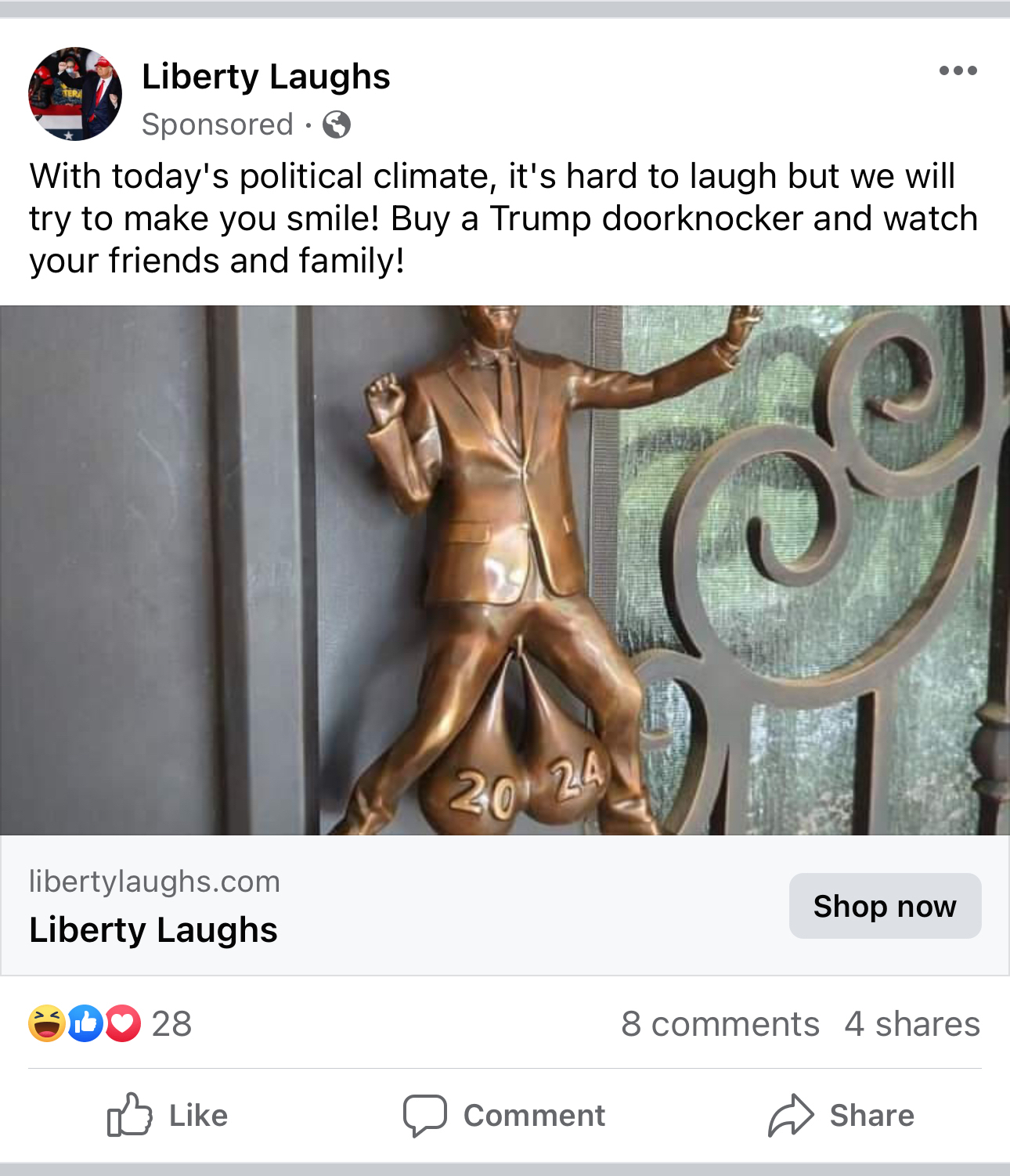 Facebook ad for Donald Trump door knocker with comedically large testiculars 