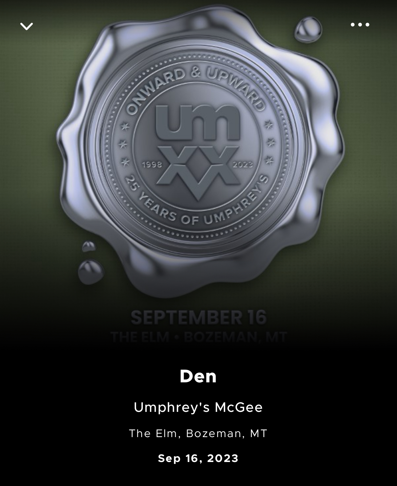Graphic promoting Umphrey’s McGee with a seal commemorating “25 YEARS OF UMPHREY’S” for an event at The Elm in Bozeman, MT on September 16, 2023. The band logo and the