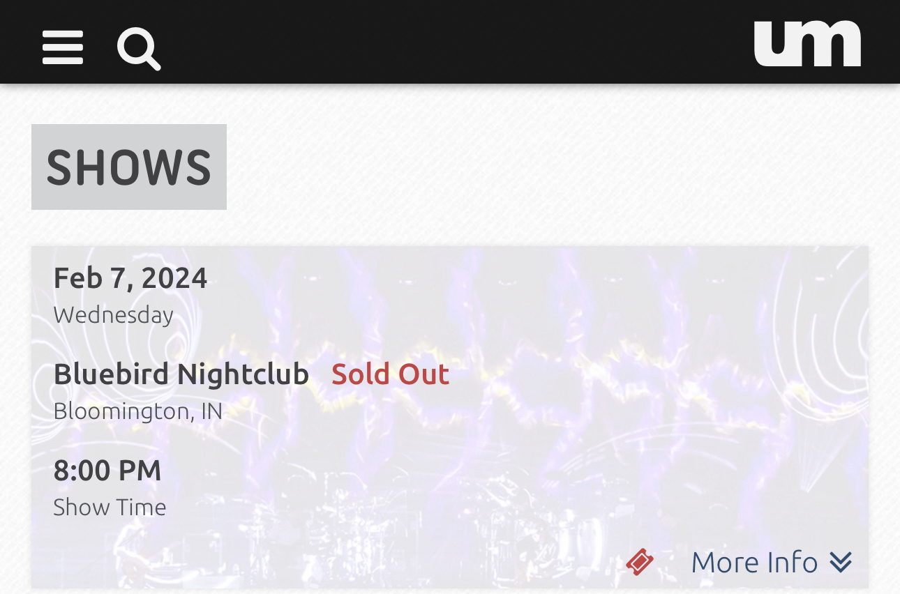 A screenshot showing event details for a sold-out show at the Bluebird Nightclub in Bloomington, IN, scheduled for February 7, 2024, at 8:00 PM, with a blurred background image of people at a concert.