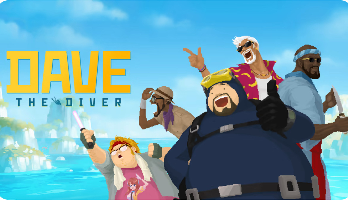 Five cartoon characters, each with distinct appearances and personalities, pose energetically in front of a tropical ocean backdrop beside the "DAVE THE DIVER" title text.