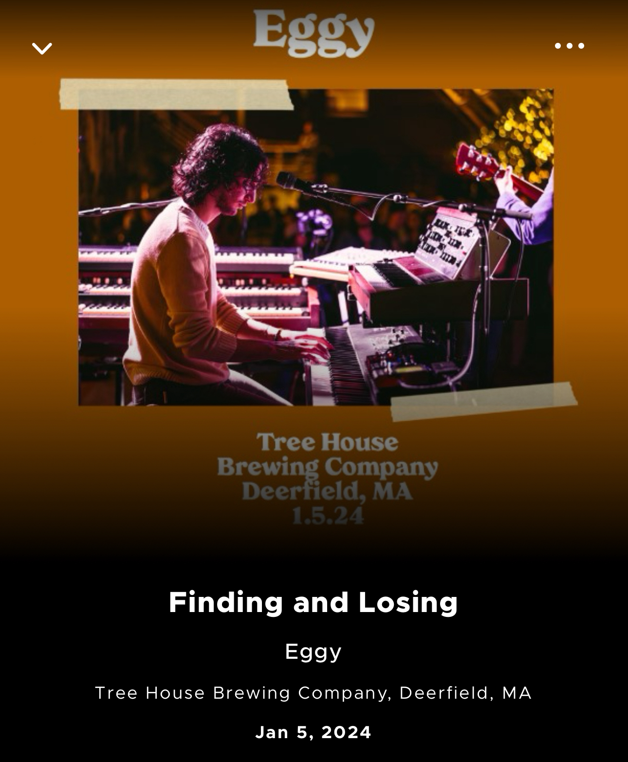 This image features two musicians performing on stage. The foreground shows a keyboardist focused on playing an electronic keyboard, while in the background a guitarist is seen holding a guitar. They both appear to be part of a live performance at Tree House Brewing Company in