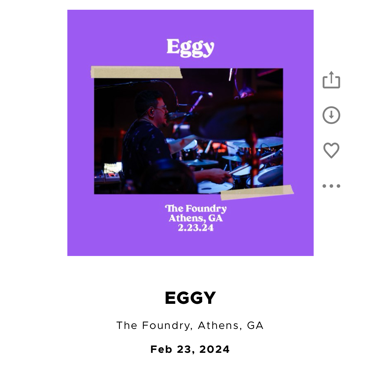 A promotional graphic for the band ‘Eggy’ featuring a performance photo with a purple color theme, indicating a concert at The Foundry in Athens, GA on February 23, 2024.