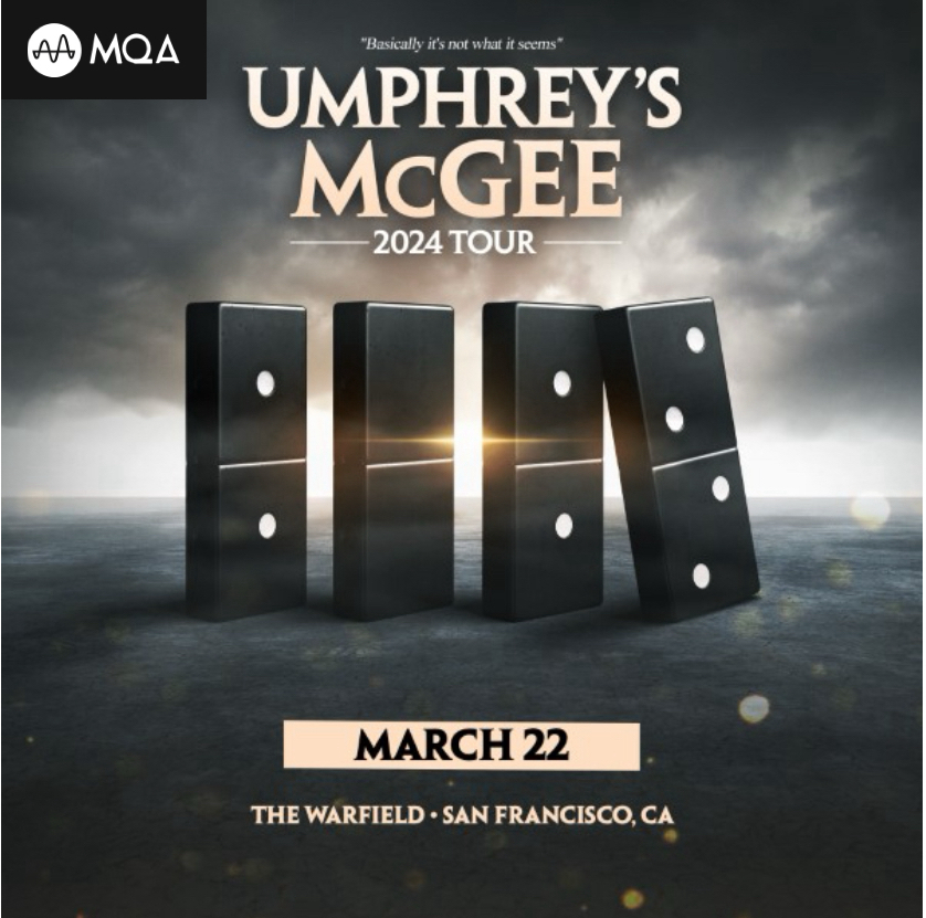 Promotional poster for Umphrey’s McGee 2024 Tour featuring four large dominoes standing on an open surface with a cloudy sky in the background. Text indicates a concert on March 22 at The Warfield in San Francisco, CA
