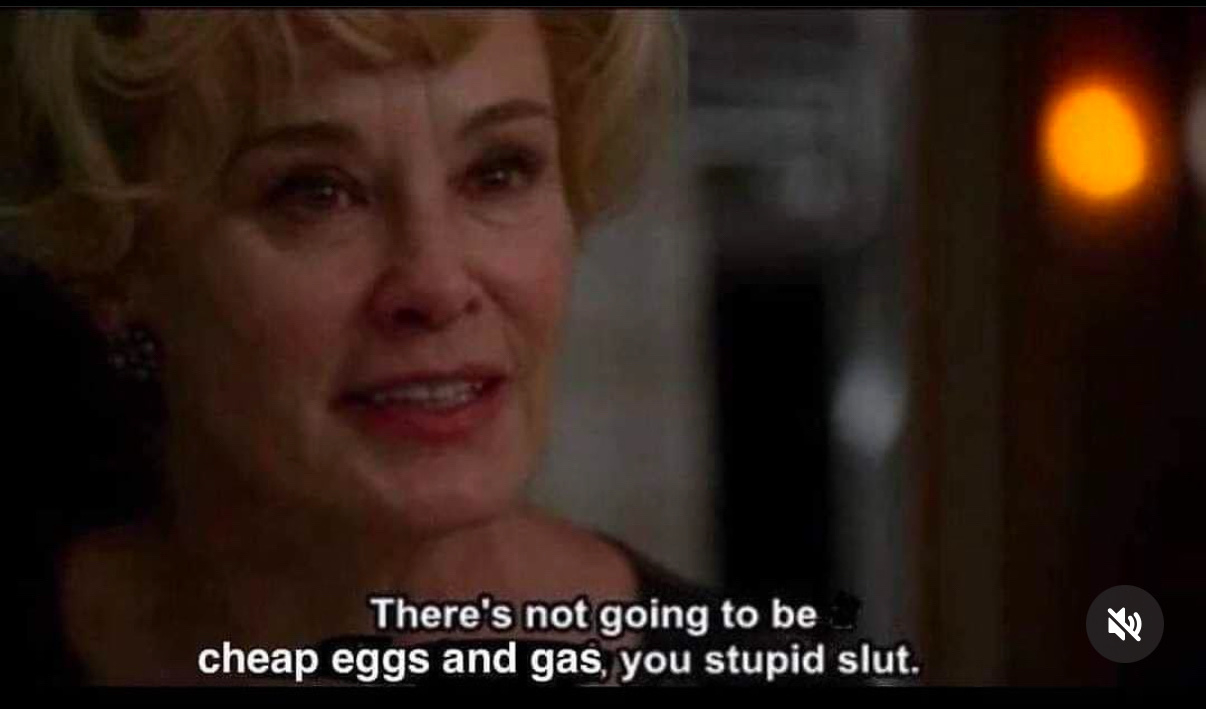 A woman with a serious expression is speaking, and the subtitles read, "There's not going to be cheap eggs and gas, you stupid slut."