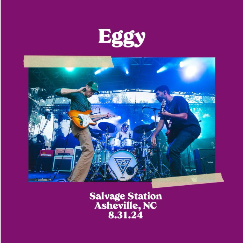 A band is performing energetically on stage with colorful lighting and instruments, promoting a concert at Salvage Station in Asheville, NC on 8.31.24.