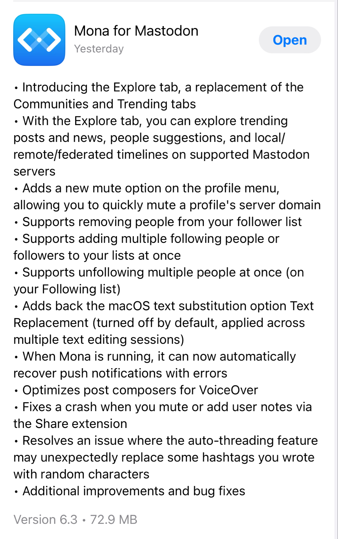 Screenshot of an update log for the Mona for Mastodon app detailing new features, improvements, and bug fixes in version 6.3.