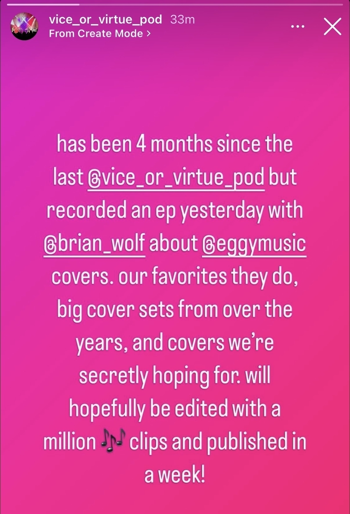 A social media post announces the recording of a podcast episode about cover songs, featuring [@brian_wolf](https://micro.blog/brian_wolf) and @eggymusic, set to be published in a week.