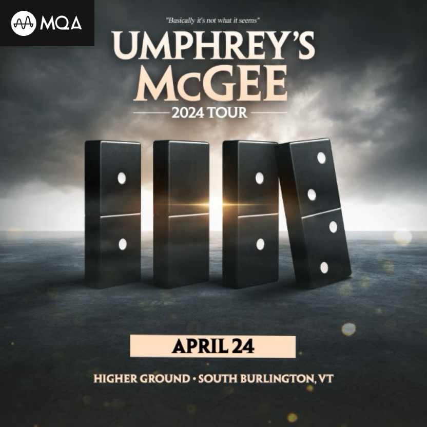 Promotional poster for Umphrey’s McGee 2024 tour featuring large dominoes set against a dramatic sky with a sunrise or sunset over water, with event details for an April 24th show in South Burlington, VT.