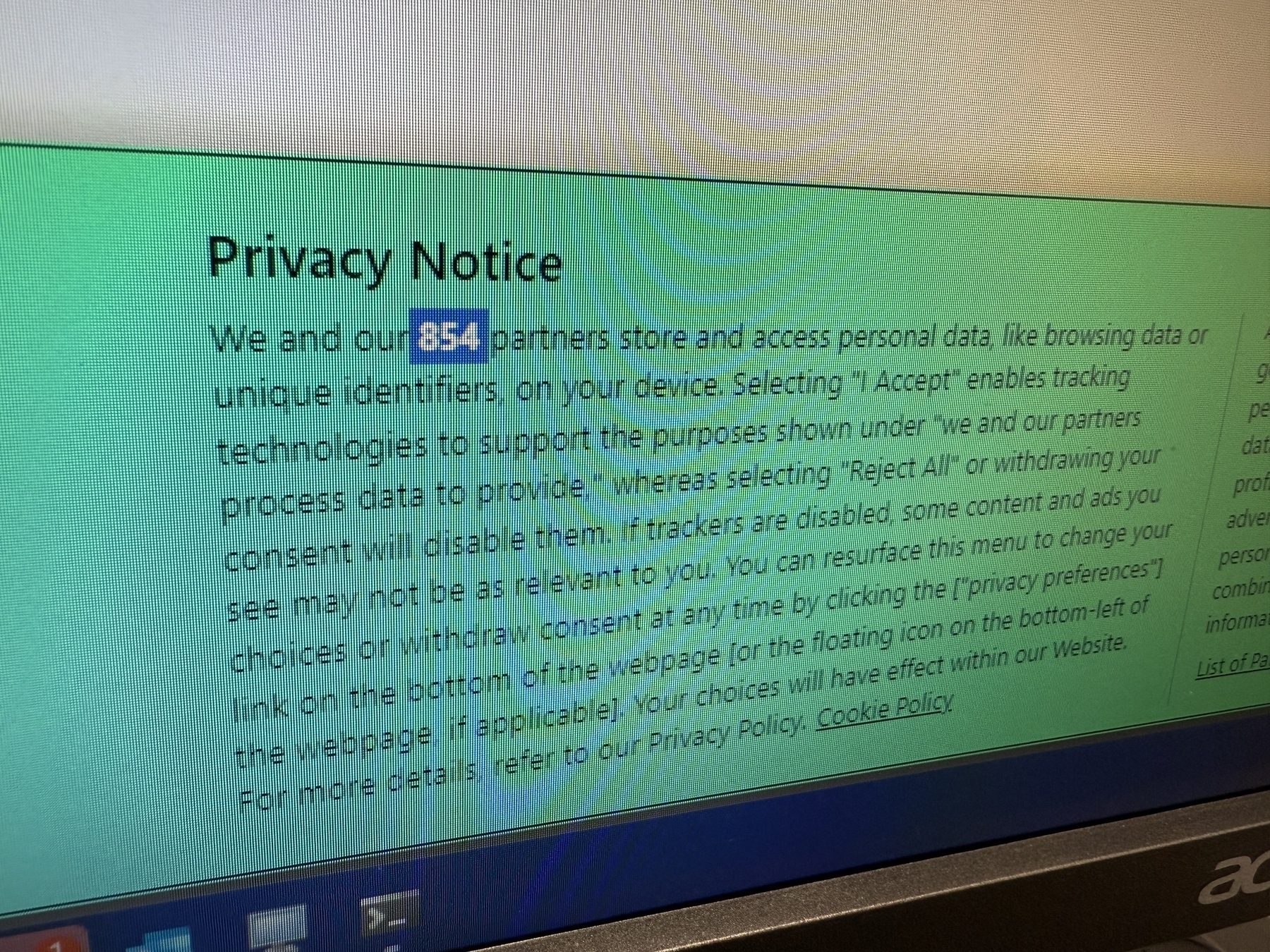 A computer screen displays a privacy notice with information about data processing and consent options. 854 partners is highlighted to show insane amount of data shared 