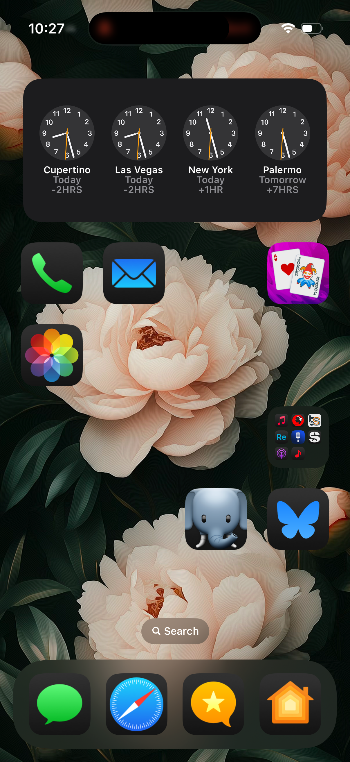 A phone screen displays floral wallpaper with app icons, world clock widgets, and a search bar.