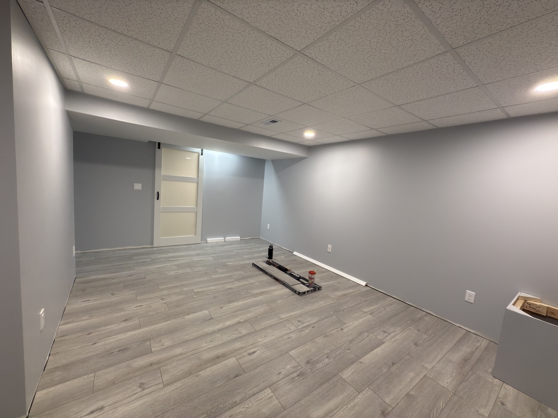 A newly renovated, empty basement room with light gray walls, a white door, and wood flooring.