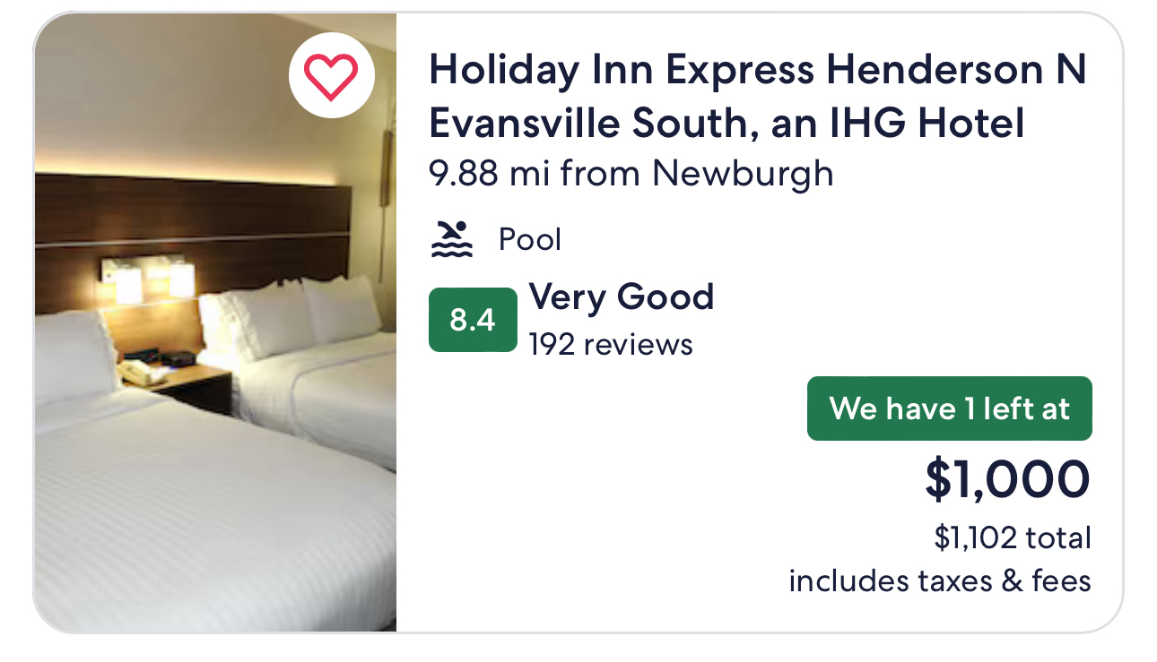 A screenshot of a hotel booking page for Holiday Inn Express Henderson N Evansville South, an IHG Hotel showing a room with two beds, a rating of 8.4 labeled “Very Good,” 192 reviews, and only one room left at