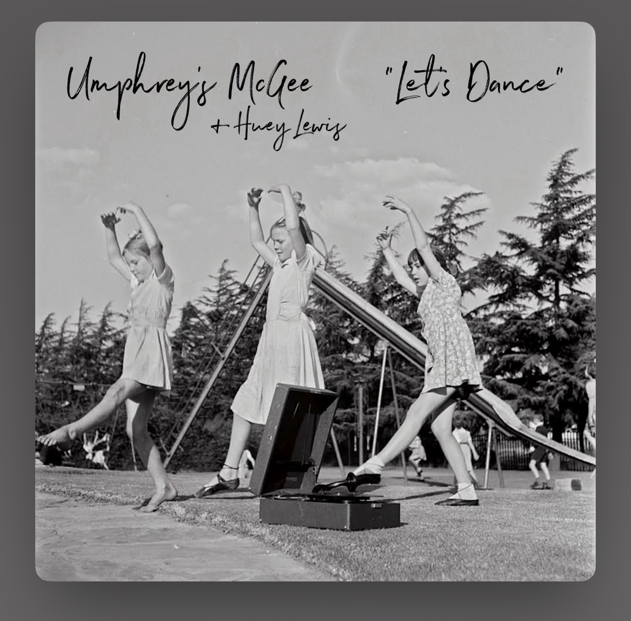 Black-and-white photo of three children joyfully dancing beside a vintage phonograph in an outdoor setting with trees in the background. The image features the text “Umphrey’s McGee + Huey Lewis ‘Let’s Dance’