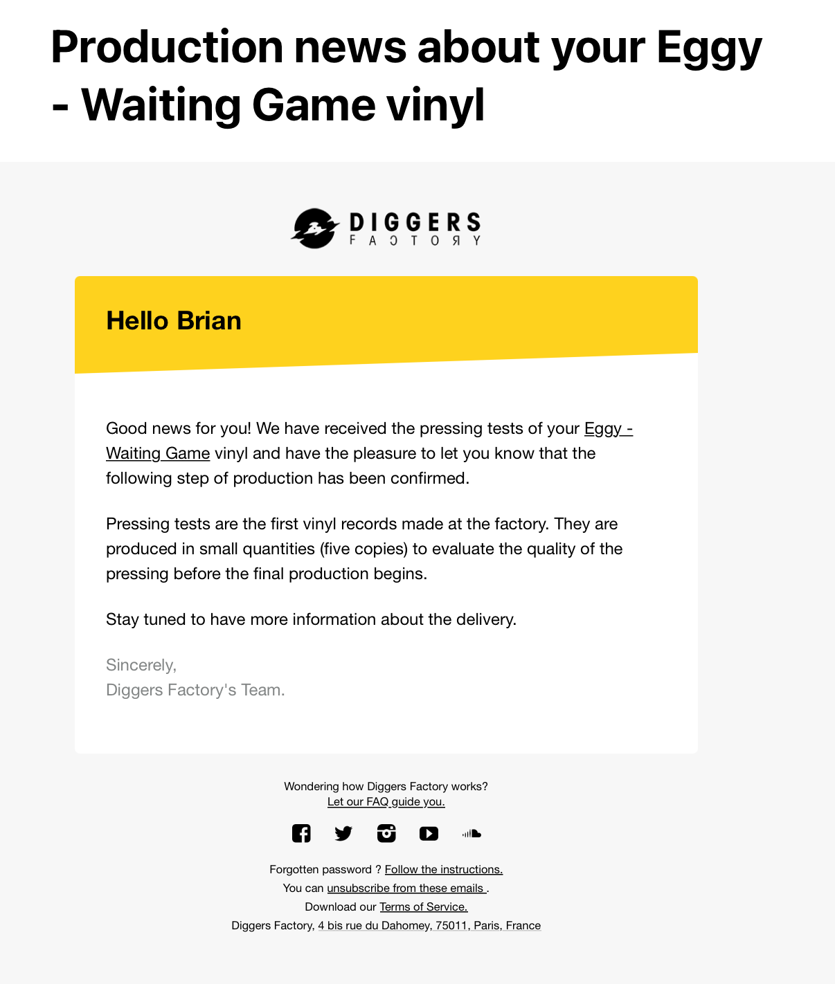 Email confirmation from Diggers Factory about the pressing tests for Eggy's "Waiting Game" vinyl.