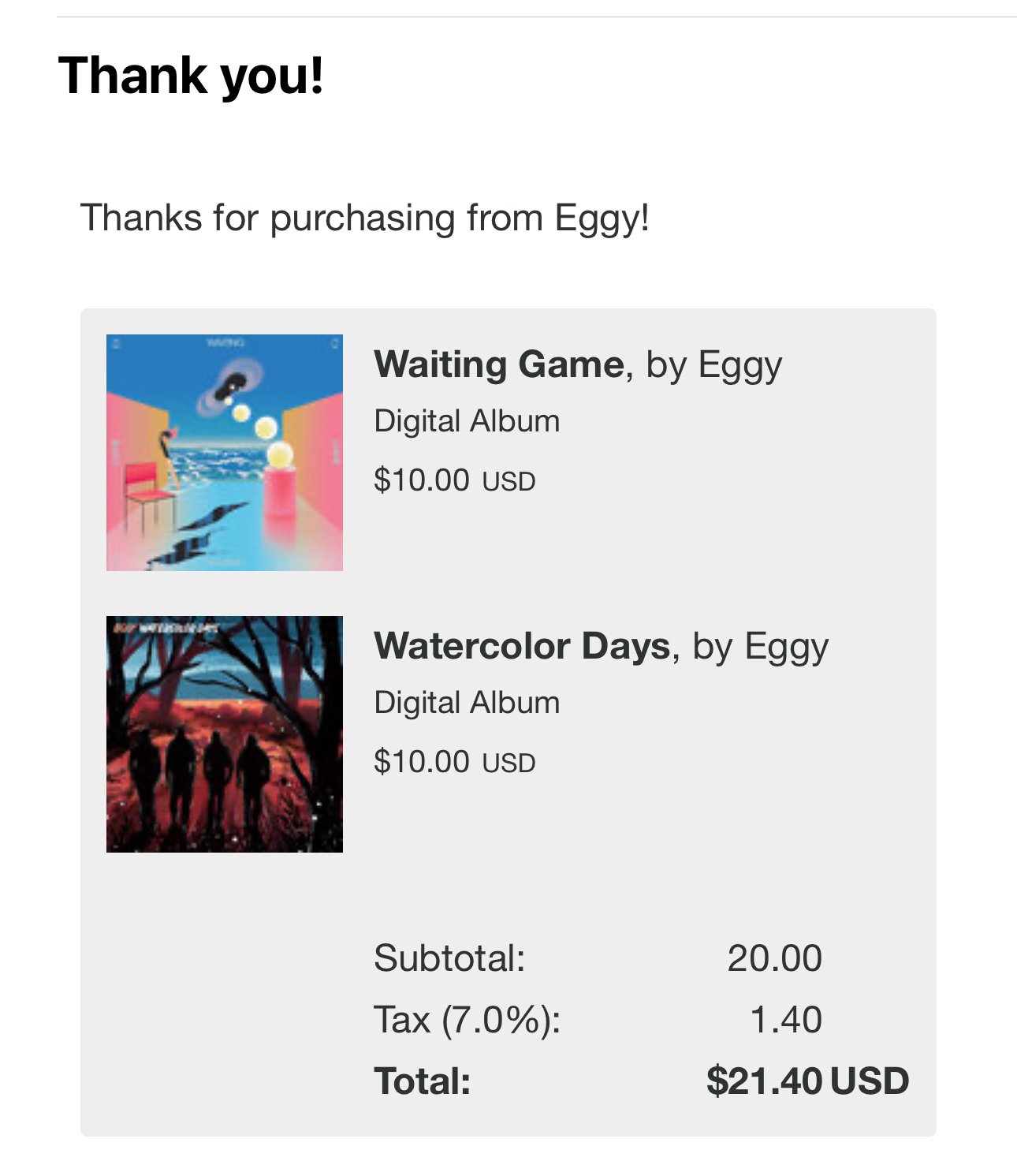 A purchase confirmation for two digital albums by Eggy, totaling $21.40 including tax.