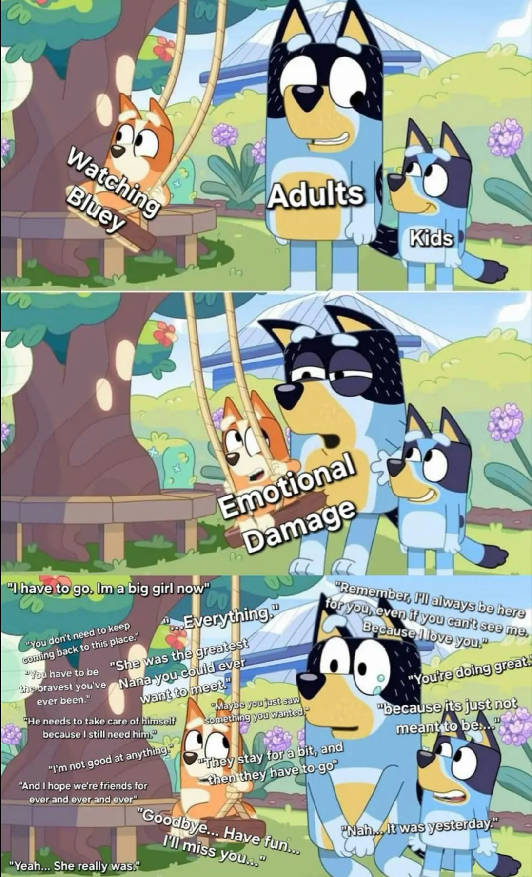 The image is a four-panel meme featuring characters from the animated TV show “Bluey,” superimposed with text to convey a thematic joke. In the first panel, a fox character sits on a swing with the text “Watching Bluey.” In
