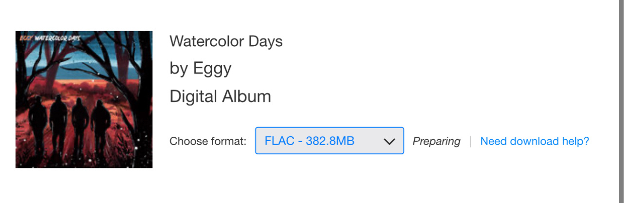 The image shows the album "Watercolor Days" by Eggy with an option to choose a digital download format, specifically FLAC.