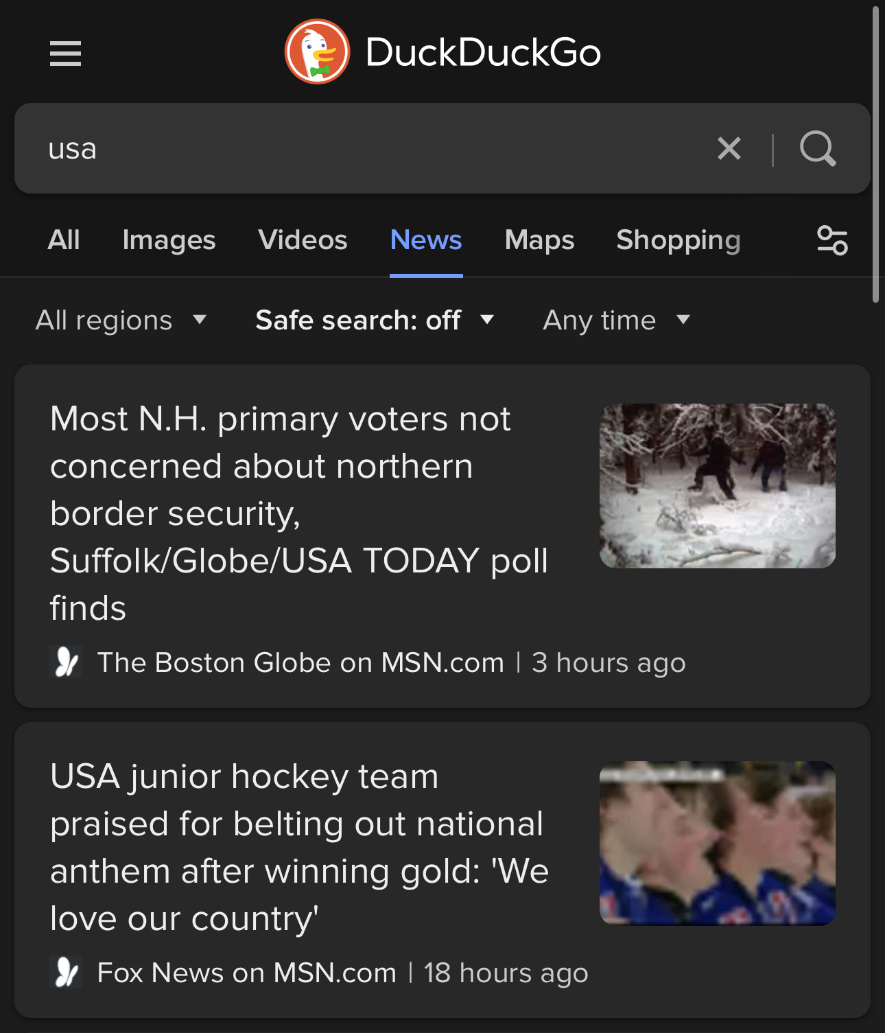 Screenshot of a smartphone displaying a DuckDuckGo search results page for “usa” with two news articles visible. The top article shows a photo of people in winter clothing in a snowy forest. The bottom article features an image of a junior hockey team