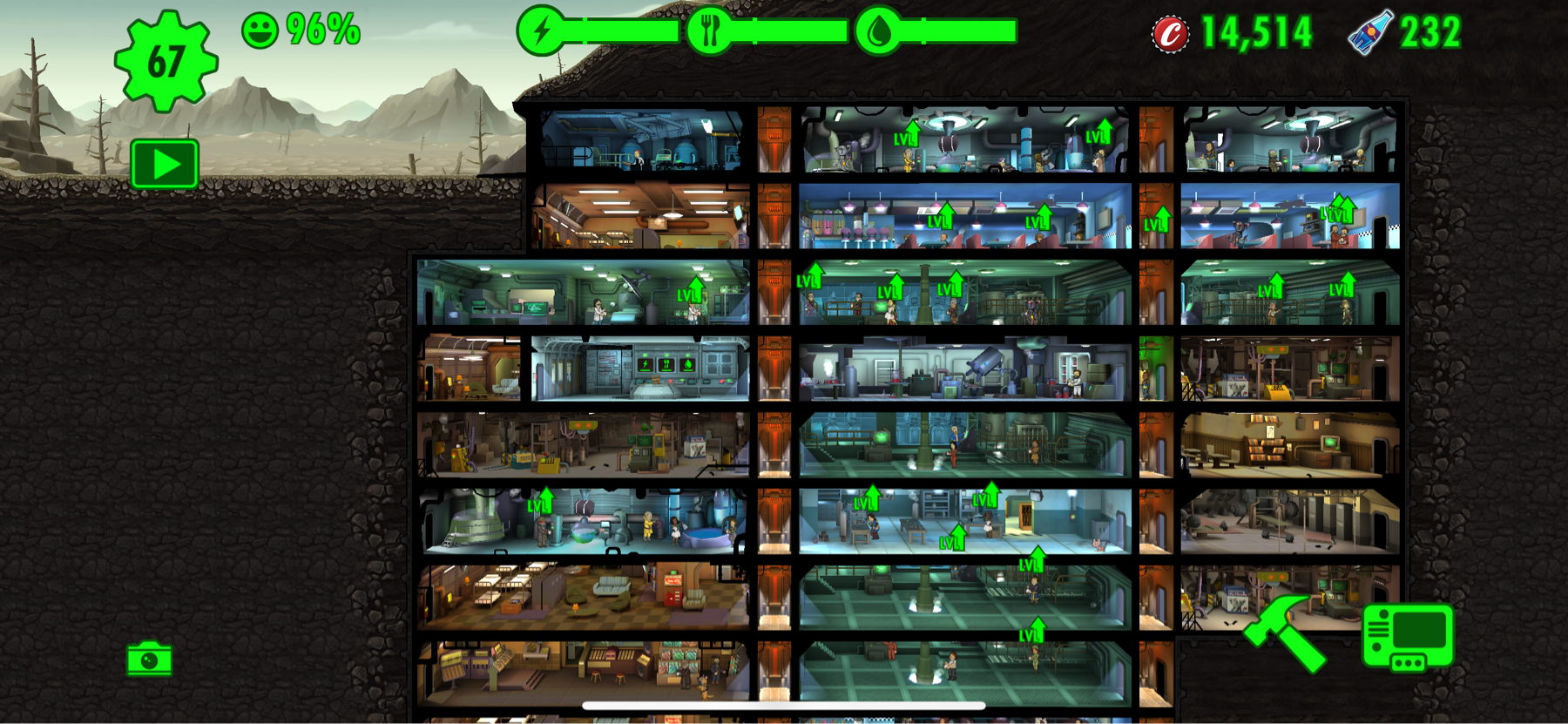 Screenshot of the simulation video game “Fallout Shelter,” showing an underground vault with various rooms and dwellers. There are resource meters at the top and game currency indicators on the top right.