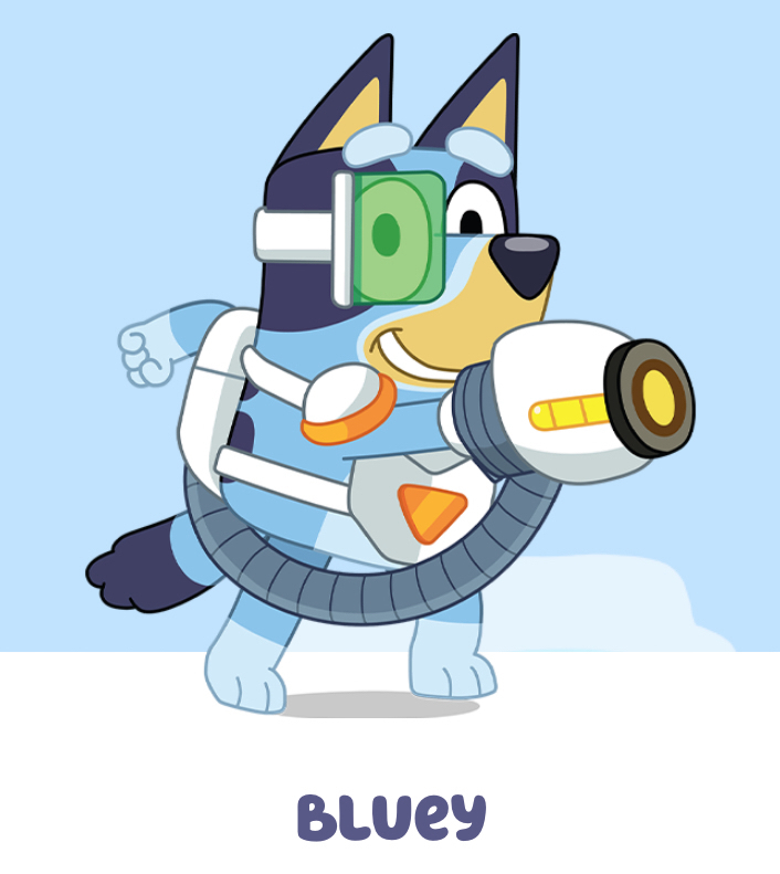 Illustration of Bluey, a cartoon dog character dressed in futuristic space attire with a helmet and holding a ray gun.