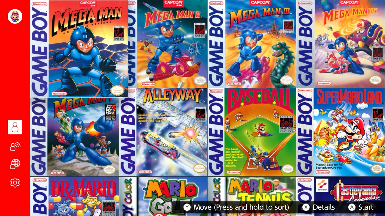Screenshot of a retro gaming interface displaying Game Boy game covers. Titles include “Mega Man: Dr. Wily’s Revenge,” “Mega Man II,” “Mega Man III,” “Mega Man IV,” “Mega Man V,” “Alleyway,