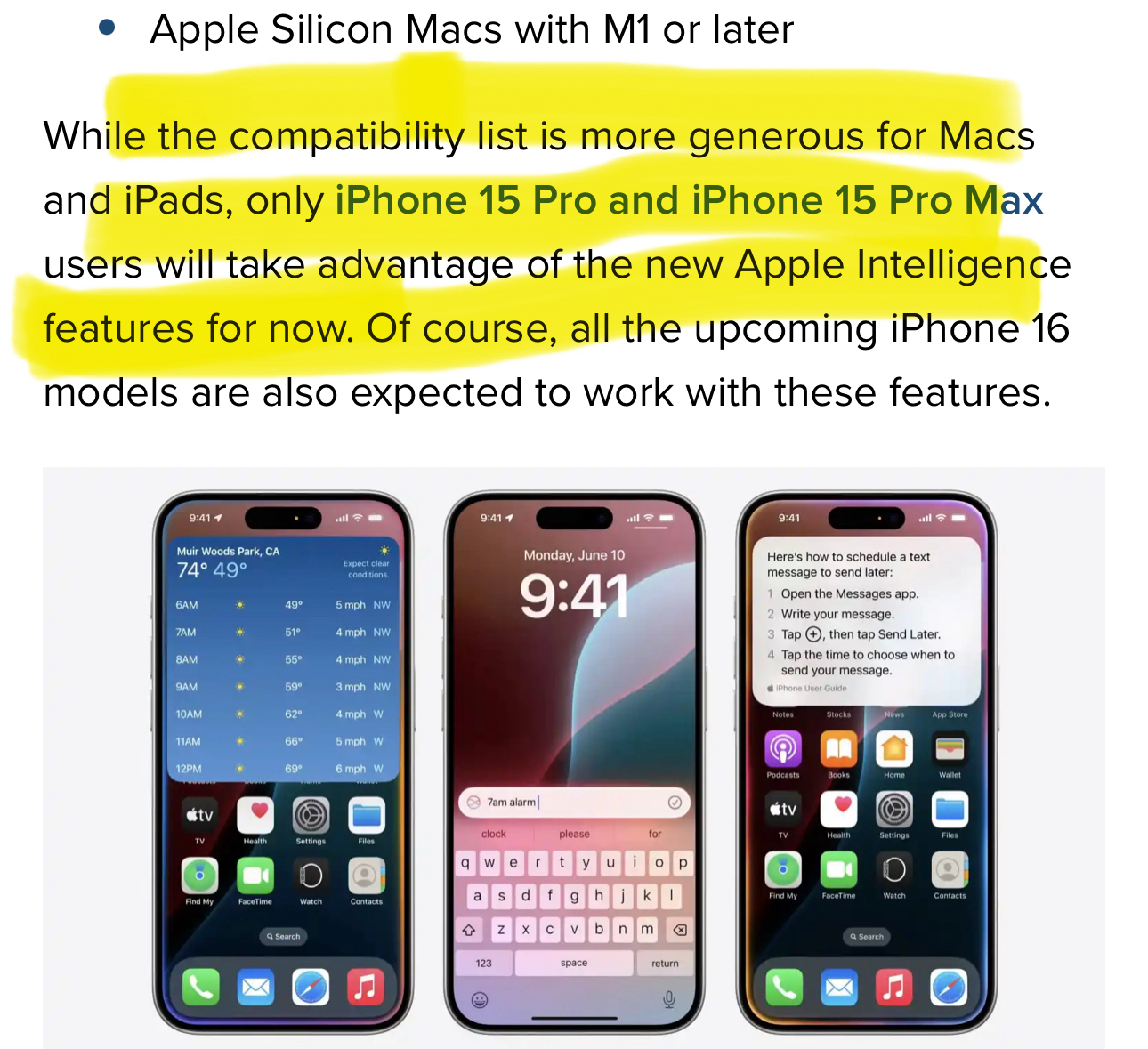 The image shows a compatibility list mentioning that Apple Silicon Macs with M1 or later are compatible. It highlights that only iPhone 15 Pro and iPhone 15 Pro Max users can currently take advantage of new Apple Intelligence features, with upcoming iPhone