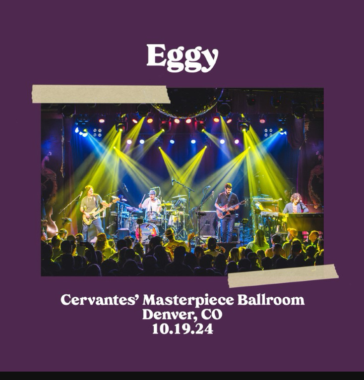 A live performance by a band is taking place at Cervantes' Masterpiece Ballroom in Denver, CO on October 19, 2024, as shown on a stylized concert poster.