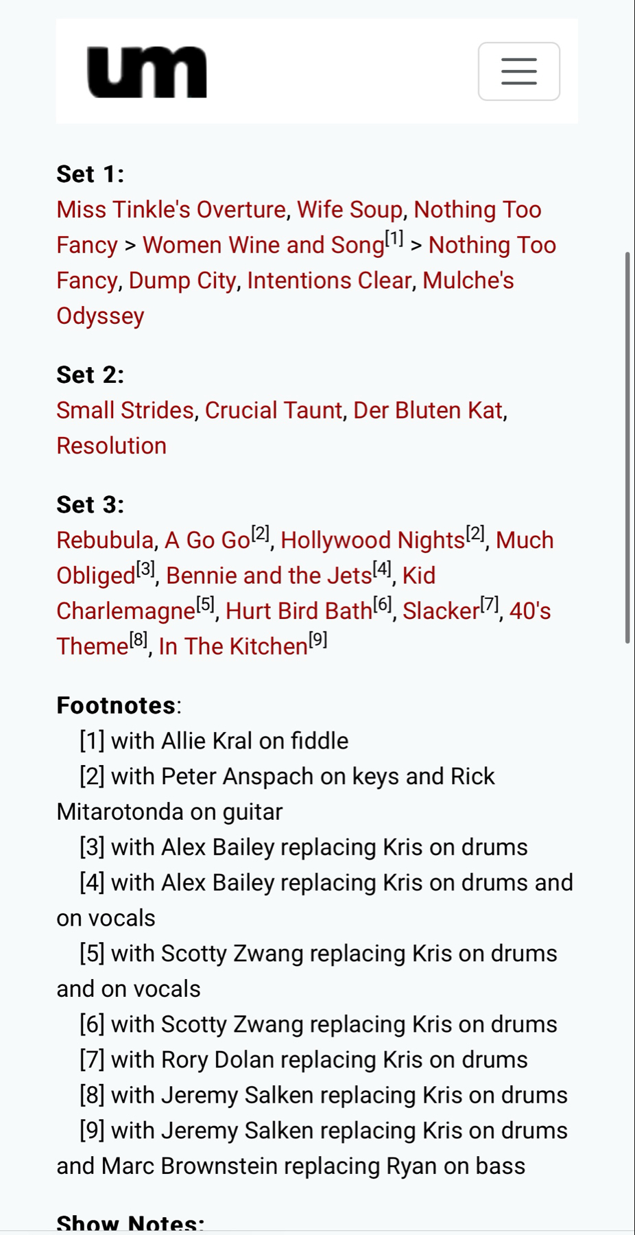 A screenshot of a concert setlist showing three sets of songs played by a band with footnotes indicating guest musicians on various songs, and references to specific musicians replacing band members for certain songs.